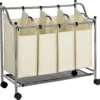 SONGMICS Wäschekorb Mit 4 Fächern Beige 140 L Faltbar Eisengetsell 4 ×35 L Wäschesortierer Wäschebox Wäschewagen Wäschesammler Aus Polyester LSF005S