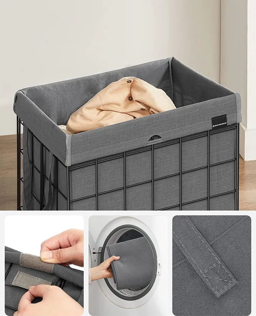 SONGMICS Wäschekorb 90L, Faltbarer Wäschesammler, Abnehmbarer Und Waschbarer Wäschesack, Metalldrahtgestell, Für Schlafzimmer, Bad, Waschküche, Schwarz-grau LCB190G01 4 SONGMICS Wäschekorb 90L, Faltbarer Wäschesammler, Abnehmbarer Und Waschbarer Wäschesack, Metalldrahtgestell, Für Schlafzimmer, Bad, Waschküche, Schwarz-grau LCB190G01 - Image 4