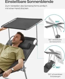 SONGMICS Große Sonnenliege, Klappbarer Liegestuhl, 200 X 71 X 38 Cm, Belastbarkeit 150 Kg, Mit Sonnenschutz, Kopfstütze Und Verstellbarer Rückenlehne, Für Garten Pool Terrasse, Anthrazit GCB22GYV2 -Songmics Verkaufsgeschäft 04a752f5b5ad85ae90c9720bf7fb1cc5