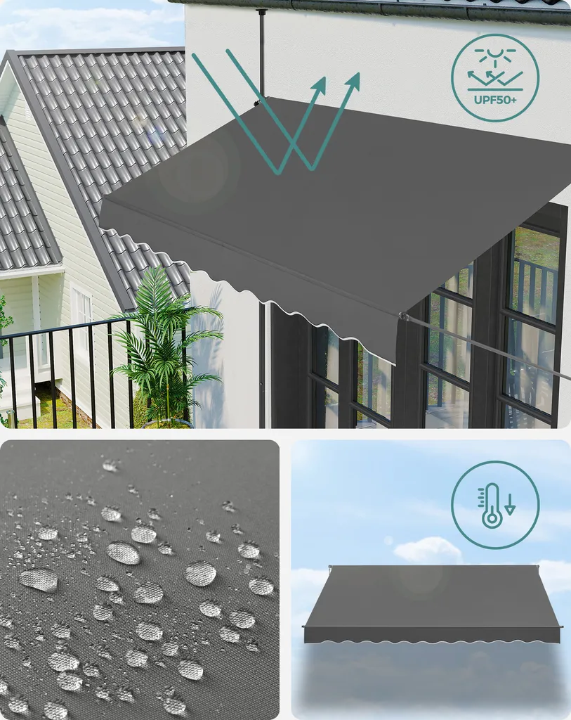 SONGMICS Balkonmarkise, 300 Cm, Alu-Klemmmarkise, 280 G/m² Polyester, Höhenverstellbar, Sonnenmarkise, Mit Handkurbel, Sonnenschutz, Für Balkon, Terrasse, Garten, Anthrazit GSA313G02 5 SONGMICS Balkonmarkise, 300 Cm, Alu-Klemmmarkise, 280 G/m² Polyester, Höhenverstellbar, Sonnenmarkise, Mit Handkurbel, Sonnenschutz, Für Balkon, Terrasse, Garten, Anthrazit GSA313G02 - Image 5