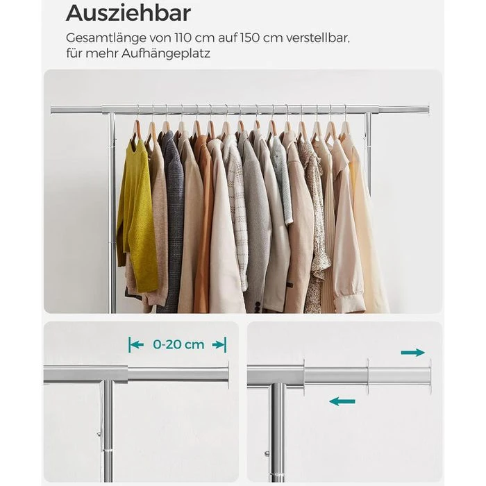 Songmics Garderobenständer HSR11S, Bis 130 Kg, Mit Rollen, Ausziehbar, Metall, Silber 5 Songmics Garderobenständer HSR11S, Bis 130 Kg, Mit Rollen, Ausziehbar, Metall, Silber - Image 5