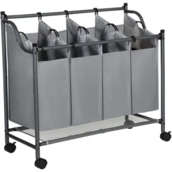 Songmics Wäschekorb LSF005GS, Grau, Mit 4 Fächern, Aus Polyester, 87,5 X 81 X 38,5 Cm, 140 Liter