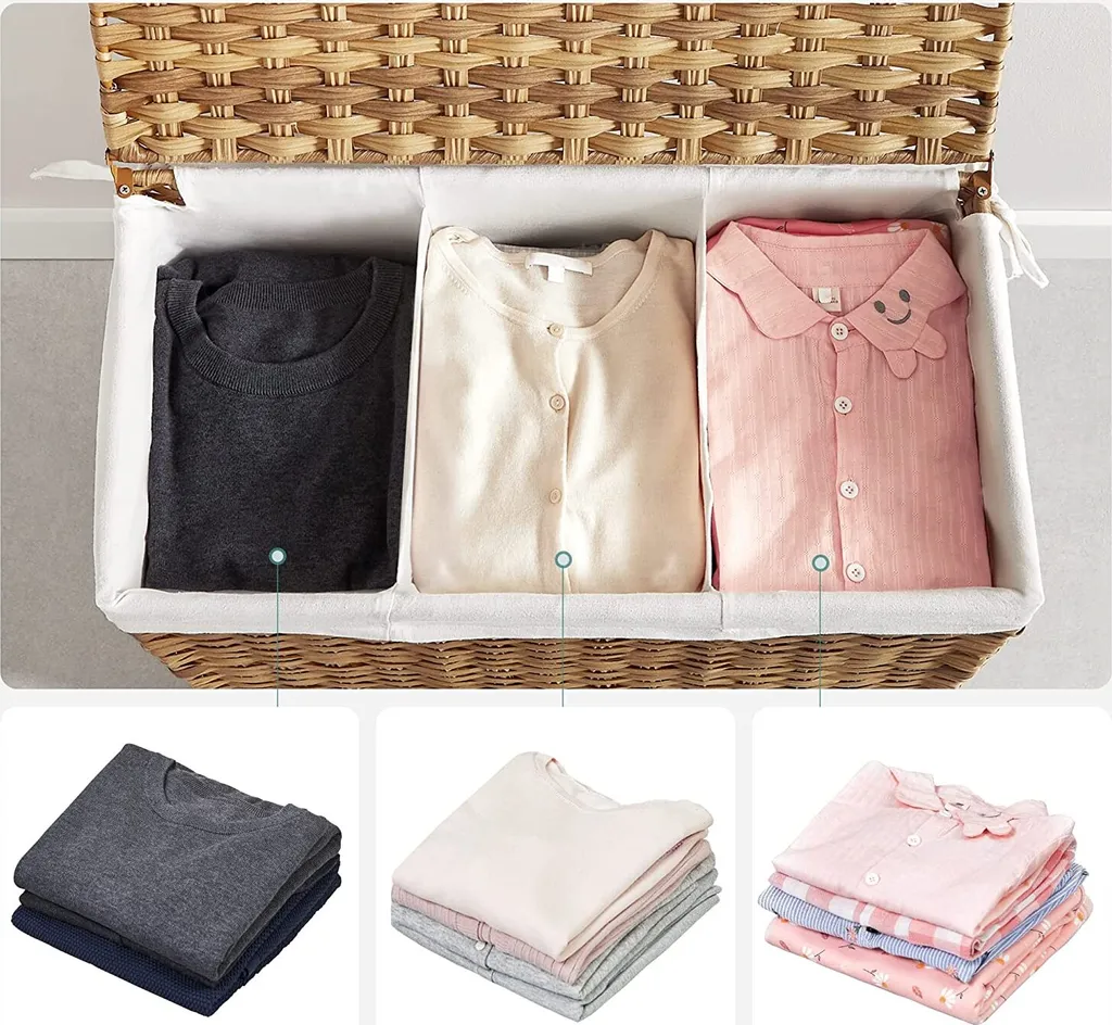 SONGMICS Wäschekorb, Handgeflochten, Wäschesammler, 140 L, Aus Polyrattan, Mit 3 Fächern, Herausnehmbare Tasche, Deckel, Griffe, Für Wohnzimmer, Badezimmer, 66 X 33 X 60 Cm, Naturfarben LCB363N01 8 SONGMICS Wäschekorb, Handgeflochten, Wäschesammler, 140 L, Aus Polyrattan, Mit 3 Fächern, Herausnehmbare Tasche, Deckel, Griffe, Für Wohnzimmer, Badezimmer, 66 X 33 X 60 Cm, Naturfarben LCB363N01 - Image 8