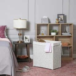 SONGMICS Wäschekorb Handgeflochten, 110L Wäschesammler Aus Synthetischem Rattan, Mit Deckel Und Griffen, Wäschesortierer, Faltbar, Wäschesack Herausnehmbar, Weiß LCB52WT -Songmics Verkaufsgeschäft 0ebc84c6ae2341d5e97da7ece019e0b4