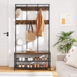 VASAGLE Große Garderobenständer Mit Sitzbank Im Industrie Design, Garderobe Mit 12 Kleiderhaken Und Schuhregal, Flurregal, Flur, Diele, Schlafzimmer, Stabiles Eisengestell, 100kg, Von SONGMICS, HSR86B