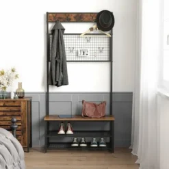 VASAGLE Garderobenständer Mit Sitzbank Im Industrie Design, Garderobe Mit 9 Kleiderhaken Und Schuhregal, Mit Memo-Board Aus Drahtgitter, Flur, Diele, Schlafzimmer, Stabiles Eisengestell Von SONGMICS H