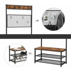 VASAGLE Garderobenständer Mit Sitzbank Im Industrie Design, Garderobe Mit 9 Kleiderhaken Und Schuhregal, Mit Memo-Board Aus Drahtgitter, Flur, Diele, Schlafzimmer, Stabiles Eisengestell Von SONGMICS H -Songmics Verkaufsgeschäft 11614963 3