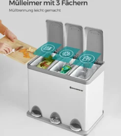 SONGMICS Mülleimer Für Die Küche, 3 X 8 Liter, Abfalleimer Aus Metall, 3-in-1 Treteimer, Mülltrennung, Mülltrennsystem, Mit 15 Müllsäcken, Einfach Zu Reinigen, Stahl, Weiß-grau LTB24WT -Songmics Verkaufsgeschäft 118247b19f866cae005fe795e66f2375