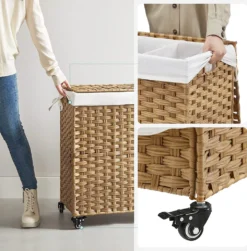 SONGMICS Wäschekorb, Handgeflochten, Wäschesammler, 140 L, Aus Polyrattan, Mit 3 Fächern, Herausnehmbare Tasche, Deckel, Griffe, Für Wohnzimmer, Badezimmer, 66 X 33 X 60 Cm, Naturfarben LCB363N01 13 SONGMICS Wäschekorb, Handgeflochten, Wäschesammler, 140 L, Aus Polyrattan, Mit 3 Fächern, Herausnehmbare Tasche, Deckel, Griffe, Für Wohnzimmer, Badezimmer, 66 X 33 X 60 Cm, Naturfarben LCB363N01 -Songmics Verkaufsgeschäft 128363e76e7a98d0d19e08041f0ce8f0