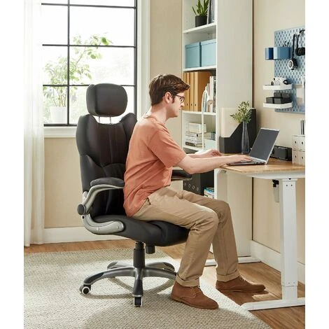 Songmics Bürostuhl, Ergonomischer Drehstuhl, Mit Klappbaren Armlehnen, Nylon-Sternfuß, Tragfähigkeit 150 Kg, Schwarz OBG65BK 2 Songmics Bürostuhl, Ergonomischer Drehstuhl, Mit Klappbaren Armlehnen, Nylon-Sternfuß, Tragfähigkeit 150 Kg, Schwarz OBG65BK - Image 2