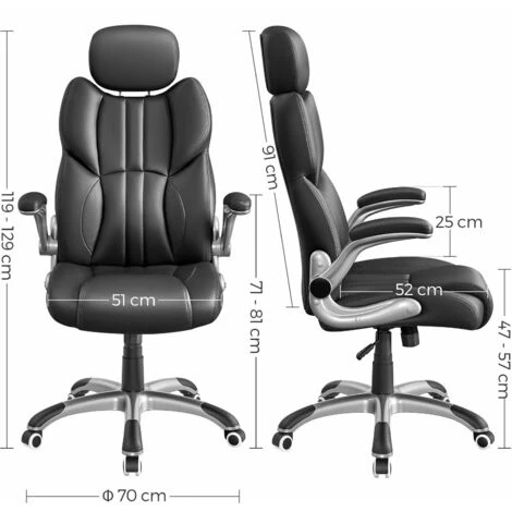 Songmics Bürostuhl, Ergonomischer Drehstuhl, Mit Klappbaren Armlehnen, Nylon-Sternfuß, Tragfähigkeit 150 Kg, Schwarz OBG65BK 5 Songmics Bürostuhl, Ergonomischer Drehstuhl, Mit Klappbaren Armlehnen, Nylon-Sternfuß, Tragfähigkeit 150 Kg, Schwarz OBG65BK - Image 5