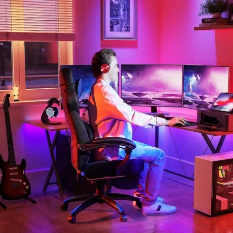 Songmics Gamingstuhl, Bürostuhl Mit Fußstütze, Schreibtischstuhl, Ergonomisches Design, Verstellbare Kopfstütze, Lendenstütze, Bis Zu 150 Kg Belastbar, Schwarz-Blau, OBG77BU 2 Songmics Gamingstuhl, Bürostuhl Mit Fußstütze, Schreibtischstuhl, Ergonomisches Design, Verstellbare Kopfstütze, Lendenstütze, Bis Zu 150 Kg Belastbar, Schwarz-Blau, OBG77BU - Image 2