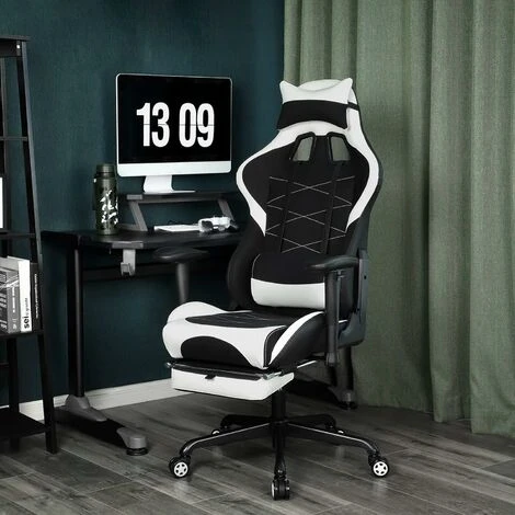 Songmics Gaming Stuhl Mit Fußstütze, 150 Kg, Bürostuhl, Schreibtischstuhl, Lendenkissen, Kopfkissen, Hohe Rückenlehne, Ergonomisch, Stahl, Kunstleder, Atmungsaktives Meshgewebe, Schwarz-weiß RCG52BW 2 Songmics Gaming Stuhl Mit Fußstütze, 150 Kg, Bürostuhl, Schreibtischstuhl, Lendenkissen, Kopfkissen, Hohe Rückenlehne, Ergonomisch, Stahl, Kunstleder, Atmungsaktives Meshgewebe, Schwarz-weiß RCG52BW - Image 2