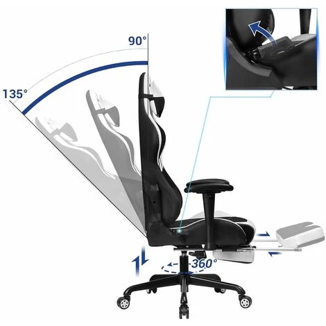 Songmics Gaming Stuhl Mit Fußstütze, 150 Kg, Bürostuhl, Schreibtischstuhl, Lendenkissen, Kopfkissen, Hohe Rückenlehne, Ergonomisch, Stahl, Kunstleder, Atmungsaktives Meshgewebe, Schwarz-weiß RCG52BW 3 Songmics Gaming Stuhl Mit Fußstütze, 150 Kg, Bürostuhl, Schreibtischstuhl, Lendenkissen, Kopfkissen, Hohe Rückenlehne, Ergonomisch, Stahl, Kunstleder, Atmungsaktives Meshgewebe, Schwarz-weiß RCG52BW - Image 3