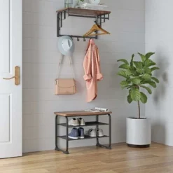 VASAGLE Schuhbank Schuhschrank Im Industrie Design, Schuhregal Mit 2 Gitterablagen, Abgerundeter Rahmen, Einfache Montage, Stabil, Platzsparend, Schmal, Holzoptik, Vintage Von SONGMICS LMR32BX -Songmics Verkaufsgeschäft 15579845 3