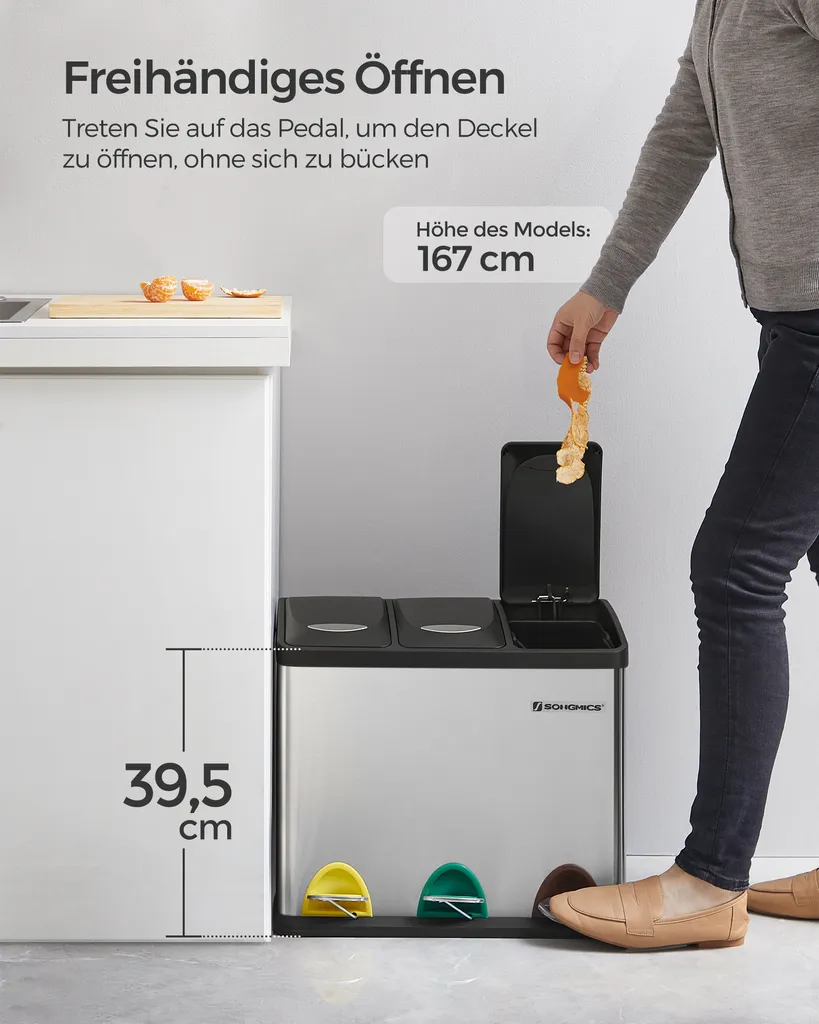 SONGMICS Mülleimer 24L, Edelstahl Abfalleimer Mit Inneneimer 3 X 8L 3-in-1Treteimer Trennsysteme LTB24L 5 SONGMICS Mülleimer 24L, Edelstahl Abfalleimer Mit Inneneimer 3 X 8L 3-in-1Treteimer Trennsysteme LTB24L - Image 5
