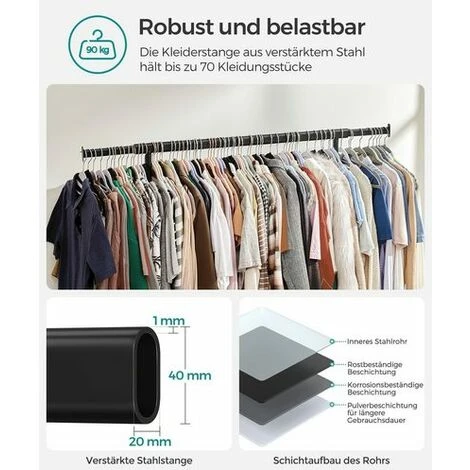 SONGMICS Schwerlast-Kleiderständer, Garderobenständer Auf Rollen, Bis 90 Kg Belastbar, Mit Ausziehbarer Kleiderstange, Zusammenklappbares Unterteil, Ablage Für Boxen, Schwarz HSR13BKV1 2 SONGMICS Schwerlast-Kleiderständer, Garderobenständer Auf Rollen, Bis 90 Kg Belastbar, Mit Ausziehbarer Kleiderstange, Zusammenklappbares Unterteil, Ablage Für Boxen, Schwarz HSR13BKV1 - Image 2