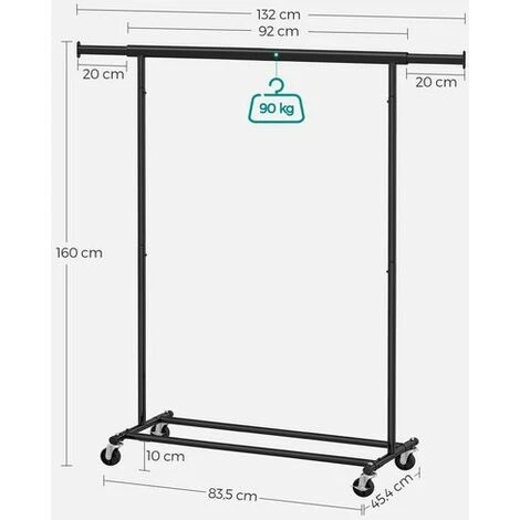 SONGMICS Schwerlast-Kleiderständer, Garderobenständer Auf Rollen, Bis 90 Kg Belastbar, Mit Ausziehbarer Kleiderstange, Zusammenklappbares Unterteil, Ablage Für Boxen, Schwarz HSR13BKV1 4 SONGMICS Schwerlast-Kleiderständer, Garderobenständer Auf Rollen, Bis 90 Kg Belastbar, Mit Ausziehbarer Kleiderstange, Zusammenklappbares Unterteil, Ablage Für Boxen, Schwarz HSR13BKV1 - Image 4