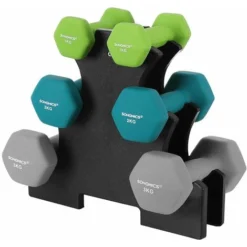 Songmics Kurzhantel Set, Hanteln, Hexagon, Mit Hantelständer, 2 X 1 Kg, 2 X 2 Kg, 2 X 3 Kg, Limettengrün, Aquamarin, Grau, Mattes Finish, Neopren-Beschichtung, Krafttraining, Fitnessstudio SYL612GN