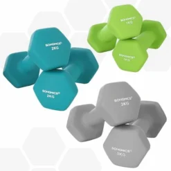 Songmics Kurzhantel Set, Hanteln, Hexagon, Mit Hantelständer, 2 X 1 Kg, 2 X 2 Kg, 2 X 3 Kg, Limettengrün, Aquamarin, Grau, Mattes Finish, Neopren-Beschichtung, Krafttraining, Fitnessstudio SYL612GN -Songmics Verkaufsgeschäft 16818087 5