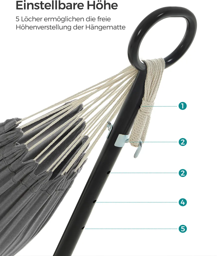 SONGMICS Hängematte Mit Gestell, 210 X 150 Cm, Auf 5 Verschiedene Höhen Verstellbar, Gestell Aus Metall, Bis 240 Kg Belastbar, Für Garten, Schwarzes Gestell Und Graue Hängematte GHS001G01 8 SONGMICS Hängematte Mit Gestell, 210 X 150 Cm, Auf 5 Verschiedene Höhen Verstellbar, Gestell Aus Metall, Bis 240 Kg Belastbar, Für Garten, Schwarzes Gestell Und Graue Hängematte GHS001G01 - Image 8