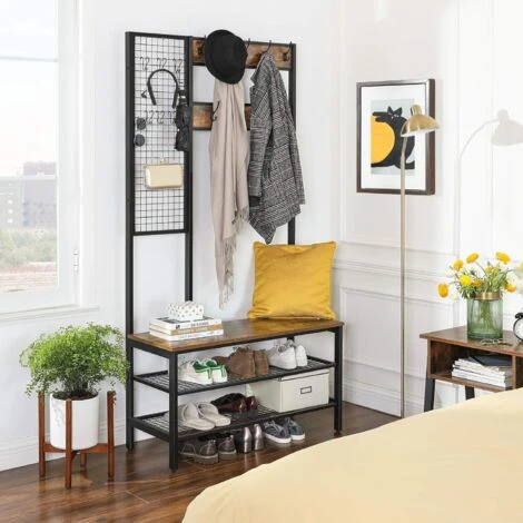 Songmics VASAGLE Große Garderobenständer Mit Sitzbank, Kleiderständer Mit 9 Kleiderhaken Und Schuhregal, Garderobe Mit Gitterwand, 185 Cm Hoch, Viel Stauraum, Flur, Schlafzimmer, Vintage, Dunkelbraun Von SONGM 3 Songmics VASAGLE Große Garderobenständer Mit Sitzbank, Kleiderständer Mit 9 Kleiderhaken Und Schuhregal, Garderobe Mit Gitterwand, 185 Cm Hoch, Viel Stauraum, Flur, Schlafzimmer, Vintage, Dunkelbraun Von SONGM - Image 3