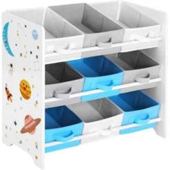 Songmics Kinderzimmerregal, Spielzeug-Organizer, Bücherregal Für Kinder, Mit 9 Aufbewahrungsboxen Aus Fleece, Kinderzimmer, Schule, Kindergarten, 62,5 X 29,5 X 60 Cm, Weltall-Motive, Weiß GKR33WT