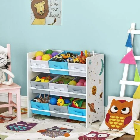 Songmics Kinderzimmerregal, Spielzeug-Organizer, Bücherregal Für Kinder, Mit 9 Aufbewahrungsboxen Aus Fleece, Kinderzimmer, Schule, Kindergarten, 62,5 X 29,5 X 60 Cm, Weltall-Motive, Weiß GKR33WT 2 Songmics Kinderzimmerregal, Spielzeug-Organizer, Bücherregal Für Kinder, Mit 9 Aufbewahrungsboxen Aus Fleece, Kinderzimmer, Schule, Kindergarten, 62,5 X 29,5 X 60 Cm, Weltall-Motive, Weiß GKR33WT - Image 2
