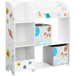 Songmics Kinderzimmerregal, Spielzeug-Organizer, Bücherregal Für Kinder, Multifunktionale Ablage Mit 2 Aufbewahrungsboxen, Sticker Mit Weltall-Motiven, Kinderzimmer, Schlafzimmer, Weiß GKR42WT