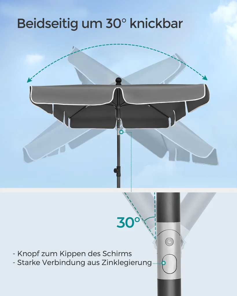 SONGMICS Sonnenschirm 200 X 125 Cm, UPF 50+, Sonnenschutz, Beidseitig Um 30° Knickbar, Höhenverstellbar, Mit Aufbewahrungstasche, Grau GPU25GY 3 SONGMICS Sonnenschirm 200 X 125 Cm, UPF 50+, Sonnenschutz, Beidseitig Um 30° Knickbar, Höhenverstellbar, Mit Aufbewahrungstasche, Grau GPU25GY - Image 3