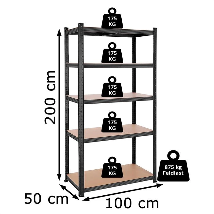 Songmics Schwerlastregal Schwarz, 100 X 200 X 50cm, 175kg / Boden, Steckregal, 5 Holzböden 2 Songmics Schwerlastregal Schwarz, 100 X 200 X 50cm, 175kg / Boden, Steckregal, 5 Holzböden - Image 2