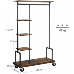 VASAGLE Garderobenständer, Kleiderständer Auf Rollen, Mit 5 Ablagen, Aus Metallrohren, Holzoptik, Vintage, Dunkelbraun Von SONGMICS HSR66BX -Songmics Verkaufsgeschäft 20089662 5