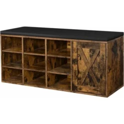 VASAGLE Schuhbank, Aufbewahrungsschrank, Schuhregal Mit 9 Offenen Fächern Und Einem Schrank, Mit Polsterung, 110 X 30 X 48 Cm, Rustikale Tür, Vintagebraun Von SONGMICS LHS058X01