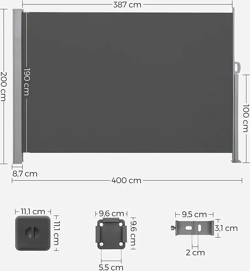 SONGMICS Seitenmarkise, Sichtschutz, 200 X 400 Cm, Ausziehbar Aus 220 G/m² Polyester,Blickdicht, Seitenrollo, Für Balkon, Terrasse, Garten, Anthrazit GSA204G02 4 SONGMICS Seitenmarkise, Sichtschutz, 200 X 400 Cm, Ausziehbar Aus 220 G/m² Polyester,Blickdicht, Seitenrollo, Für Balkon, Terrasse, Garten, Anthrazit GSA204G02 - Image 4