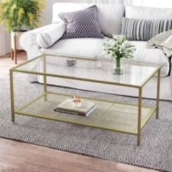 VASAGLE Couchtisch, Wohnzimmertisch Mit Hartglas Und Engmaschiger Gitterablage, Aus Metallgestell, Stabil, Für Wohnzimmer, Gold-Transparent Von SONGMICS LGT031A01