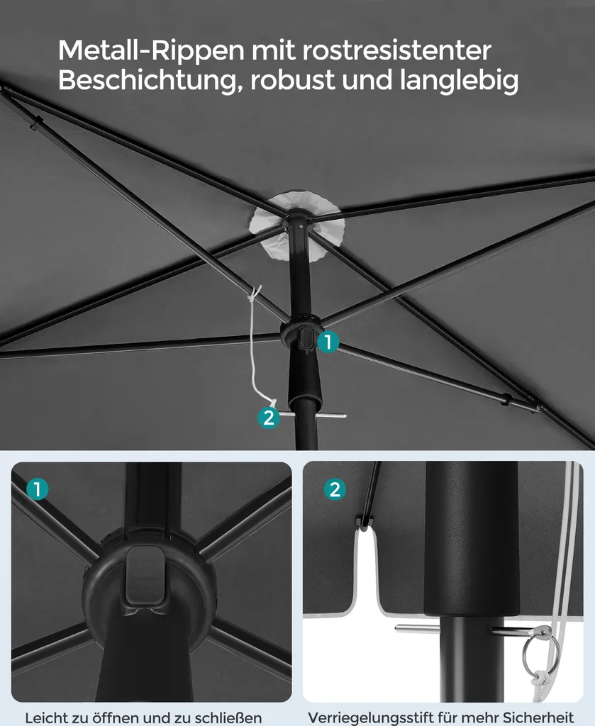 SONGMICS Sonnenschirm 200 X 125 Cm, UPF 50+, Sonnenschutz, Beidseitig Um 30° Knickbar, Höhenverstellbar, Mit Aufbewahrungstasche, Grau GPU25GY 6 SONGMICS Sonnenschirm 200 X 125 Cm, UPF 50+, Sonnenschutz, Beidseitig Um 30° Knickbar, Höhenverstellbar, Mit Aufbewahrungstasche, Grau GPU25GY - Image 6