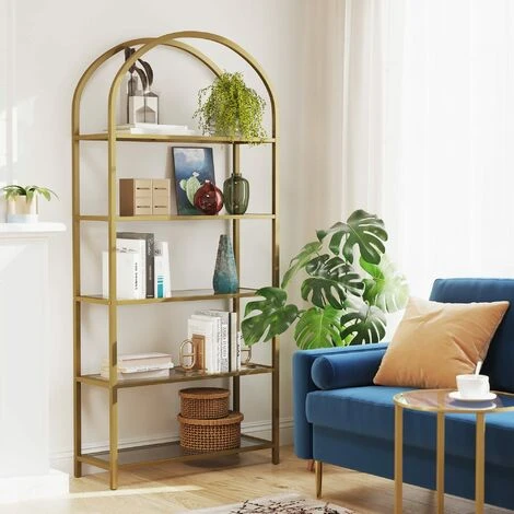 VASAGLE Aufbewahrungsregal, Mit 5 Ebenen, Standregal Aus Hartglas, Bogenförmiges Bücherregal, Für Wohnzimmer, Schlafzimmer, Arbeitszimmer, Golden Von SONGMICS LGT050A01 2 VASAGLE Aufbewahrungsregal, Mit 5 Ebenen, Standregal Aus Hartglas, Bogenförmiges Bücherregal, Für Wohnzimmer, Schlafzimmer, Arbeitszimmer, Golden Von SONGMICS LGT050A01 - Image 2