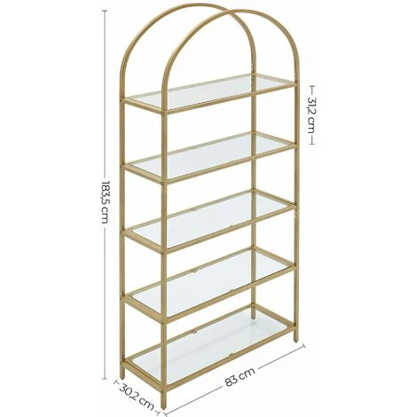 VASAGLE Aufbewahrungsregal, Mit 5 Ebenen, Standregal Aus Hartglas, Bogenförmiges Bücherregal, Für Wohnzimmer, Schlafzimmer, Arbeitszimmer, Golden Von SONGMICS LGT050A01 5 VASAGLE Aufbewahrungsregal, Mit 5 Ebenen, Standregal Aus Hartglas, Bogenförmiges Bücherregal, Für Wohnzimmer, Schlafzimmer, Arbeitszimmer, Golden Von SONGMICS LGT050A01 - Image 5