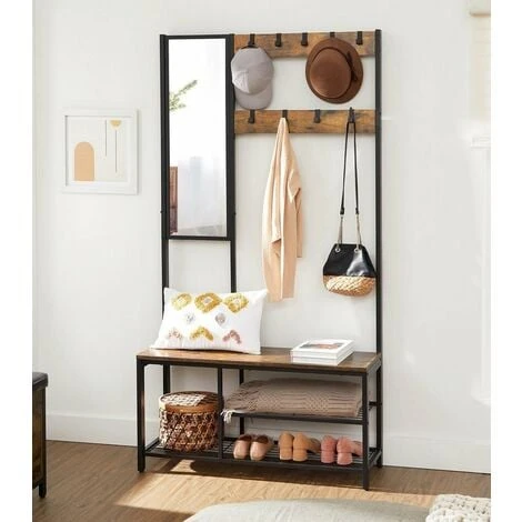Songmics VASAGLE Garderobenständer Mit Spiegel, Haken, Kleiderständer, Schuhregal Mit Sitzfläche, 185 Cm Hoch Einfache Montage, Vintagebraun-schwarz HSR050B01 1 Songmics VASAGLE Garderobenständer Mit Spiegel, Haken, Kleiderständer, Schuhregal Mit Sitzfläche, 185 Cm Hoch Einfache Montage, Vintagebraun-schwarz HSR050B01
