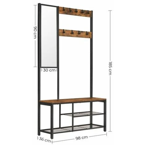 Songmics VASAGLE Garderobenständer Mit Spiegel, Haken, Kleiderständer, Schuhregal Mit Sitzfläche, 185 Cm Hoch Einfache Montage, Vintagebraun-schwarz HSR050B01 3 Songmics VASAGLE Garderobenständer Mit Spiegel, Haken, Kleiderständer, Schuhregal Mit Sitzfläche, 185 Cm Hoch Einfache Montage, Vintagebraun-schwarz HSR050B01 - Image 3