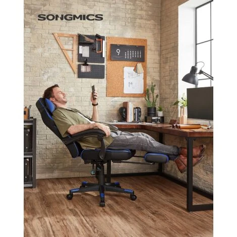 Songmics Gamingstuhl, Schreibtischstuhl Mit Fußstütze, Bürostuhl Mit Kopfstütze Und Lendenkissen, Höhenverstellbar, Ergonomisch, 90-135° Neigungswinkel, Bis 150 Kg Belastbar, Schwarz-blau OBG073B04 2 Songmics Gamingstuhl, Schreibtischstuhl Mit Fußstütze, Bürostuhl Mit Kopfstütze Und Lendenkissen, Höhenverstellbar, Ergonomisch, 90-135° Neigungswinkel, Bis 150 Kg Belastbar, Schwarz-blau OBG073B04 - Image 2