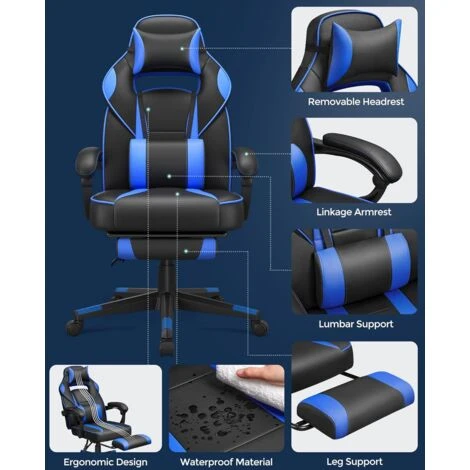 Songmics Gamingstuhl, Schreibtischstuhl Mit Fußstütze, Bürostuhl Mit Kopfstütze Und Lendenkissen, Höhenverstellbar, Ergonomisch, 90-135° Neigungswinkel, Bis 150 Kg Belastbar, Schwarz-blau OBG073B04 3 Songmics Gamingstuhl, Schreibtischstuhl Mit Fußstütze, Bürostuhl Mit Kopfstütze Und Lendenkissen, Höhenverstellbar, Ergonomisch, 90-135° Neigungswinkel, Bis 150 Kg Belastbar, Schwarz-blau OBG073B04 - Image 3