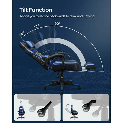Songmics Gamingstuhl, Schreibtischstuhl Mit Fußstütze, Bürostuhl Mit Kopfstütze Und Lendenkissen, Höhenverstellbar, Ergonomisch, 90-135° Neigungswinkel, Bis 150 Kg Belastbar, Schwarz-blau OBG073B04 4 Songmics Gamingstuhl, Schreibtischstuhl Mit Fußstütze, Bürostuhl Mit Kopfstütze Und Lendenkissen, Höhenverstellbar, Ergonomisch, 90-135° Neigungswinkel, Bis 150 Kg Belastbar, Schwarz-blau OBG073B04 - Image 4