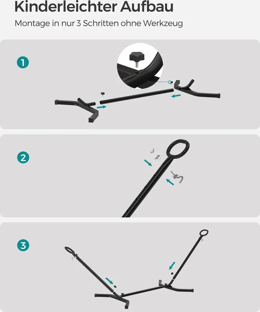 SONGMICS Hängematte Mit Gestell, 210 X 150 Cm, Auf 5 Verschiedene Höhen Verstellbar, Gestell Aus Metall, Bis 240 Kg Belastbar, Für Garten, Schwarzes Gestell Und Graue Hängematte GHS001G01 6 SONGMICS Hängematte Mit Gestell, 210 X 150 Cm, Auf 5 Verschiedene Höhen Verstellbar, Gestell Aus Metall, Bis 240 Kg Belastbar, Für Garten, Schwarzes Gestell Und Graue Hängematte GHS001G01 - Image 6