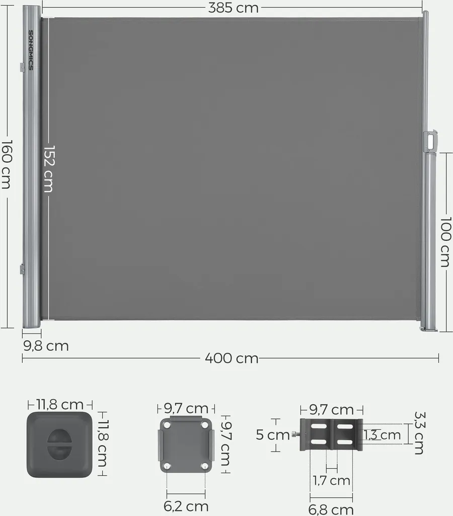 SONGMICS Alu Seitenmarkise, Ausziehbar, 160 X 400 Cm, Aus Polyester (280 G/m²), Markise, Sichtschutz, Sonnenschutz, Blickdicht, Seitenrollo, Für Balkon, Terrasse, Garten, Hellgrau ASG164G03 3 SONGMICS Alu Seitenmarkise, Ausziehbar, 160 X 400 Cm, Aus Polyester (280 G/m²), Markise, Sichtschutz, Sonnenschutz, Blickdicht, Seitenrollo, Für Balkon, Terrasse, Garten, Hellgrau ASG164G03 - Image 3