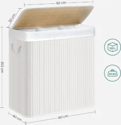 SONGMICS Wäschekorb, 150 L, Wäschesammler, Aus Bambus, Wäschetruhe Mit Griffen, 3 Fächern, Deckel Mit Clips, Faltbar, Für Waschküche, Schlafzimmer, Bad, Weiß LCB091W01 -Songmics Verkaufsgeschäft 2e3566ec27b26ed76433b93705955853