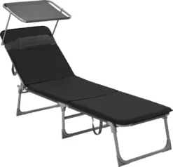 SONGMICS Sonnenliege, Liegestuhl Mit 3 Cm Dicker Auflage, Kopfstütze, Sonnendach, Rückenlehne Verstellbar, Klappbar, 53 X 193 X 29,5 Cm, Bis 150 Kg Belastbar, Garten, Balkon, Schwarz BCG193B01 -Songmics Verkaufsgeschäft 2e97c9f3f0986ba2aa641b3b9ee2a374