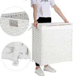 SONGMICS Wäschekorb Handgeflochten, 110L Wäschesammler Aus Synthetischem Rattan, Mit Deckel Und Griffen, Wäschesortierer, Faltbar, Wäschesack Herausnehmbar, Weiß LCB52WT -Songmics Verkaufsgeschäft 2ee1e57a11e714ff564186e3beb74f2b