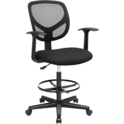 SONGMICS Bürostuhl, Ergonomischer Arbeitshocker Mit Armlehnen, Sitzhöhe 55-75 Cm, Hoher Arbeitsstuhl Mit Verstellbare Fußring, Belastbarkeit 120 Kg, Schwarz NBO25BK