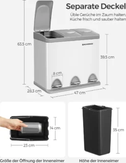 SONGMICS Mülleimer Für Die Küche, 3 X 8 Liter, Abfalleimer Aus Metall, 3-in-1 Treteimer, Mülltrennung, Mülltrennsystem, Mit 15 Müllsäcken, Einfach Zu Reinigen, Stahl, Weiß-grau LTB24WT -Songmics Verkaufsgeschäft 32bb884ea511191b76551be8b74519f7